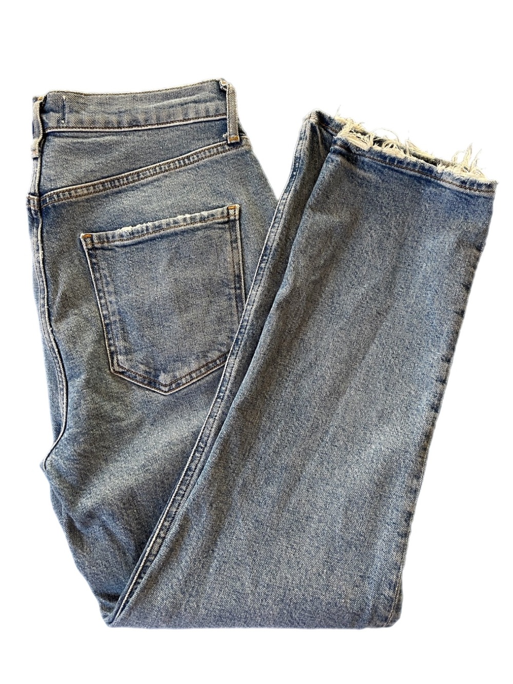 AGOLDE Riley High Rise Straight Crop Light Blue Jean with Distressed Hem Size 28